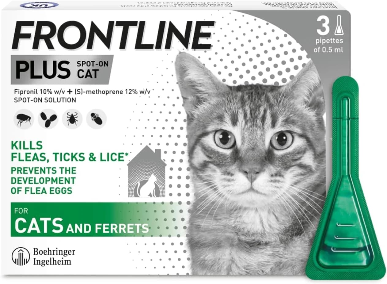FRONTLINE Plus Spot-On Flea & Tick Treatment for Cats and Ferrets - 3 Pipettes