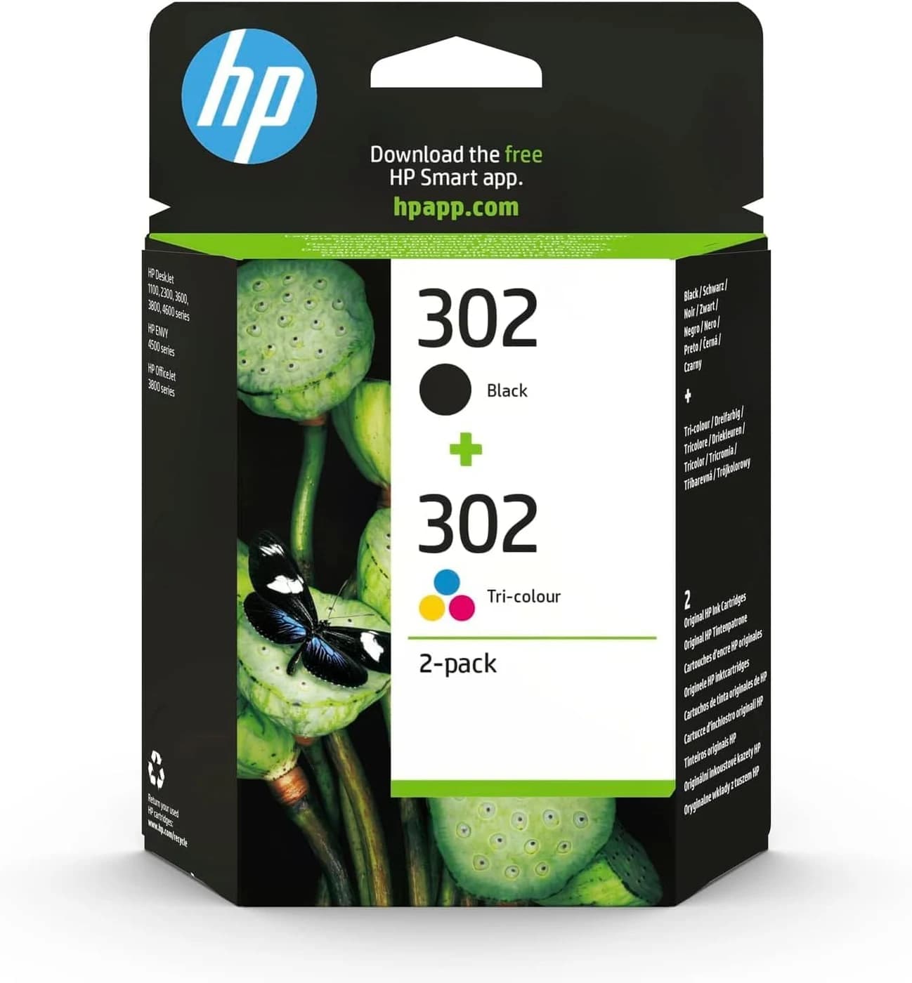 HP 302 Black & Tri-Colour Original Ink Cartridges, B82L1AE, 2 Pack