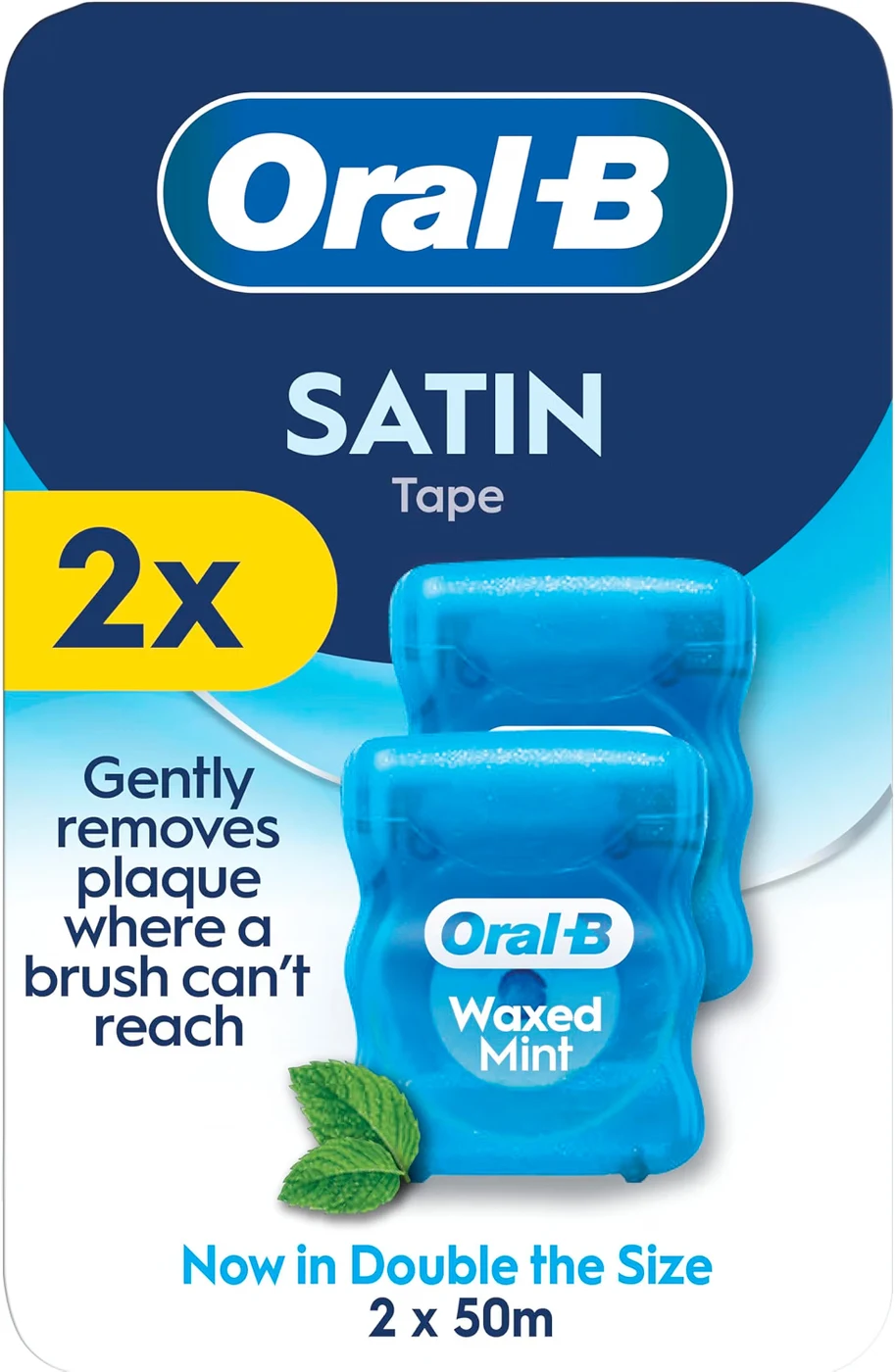 Oral-B Satin Tape Floss, Waxed Mint, 2 Pack (2 x 50m)
